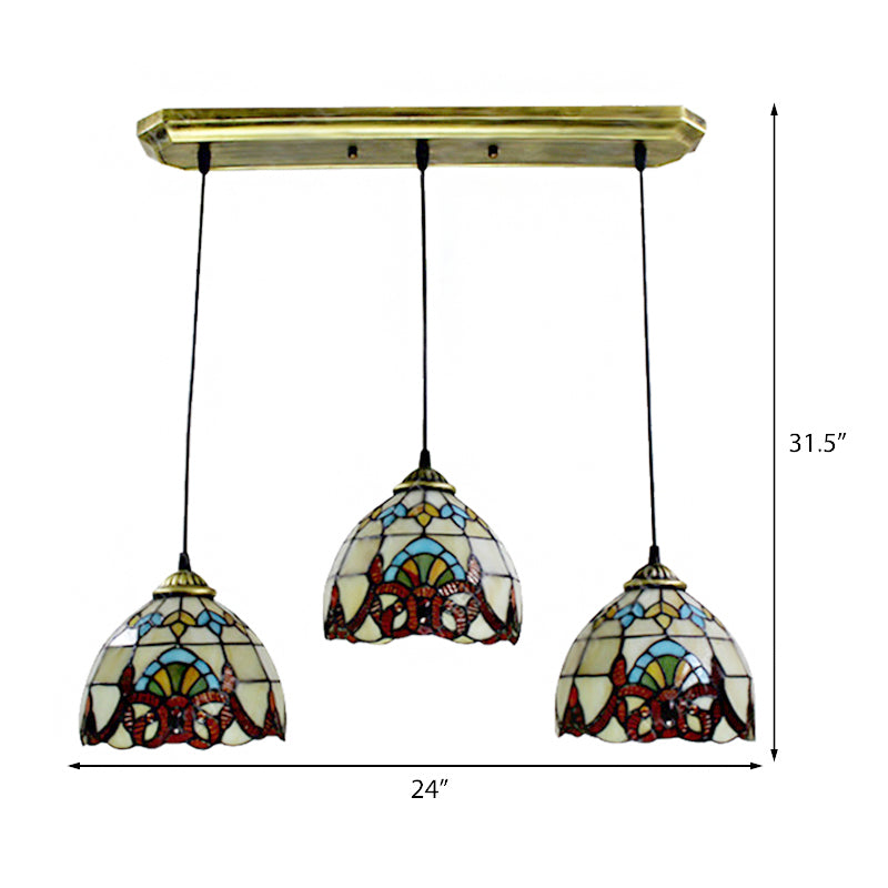 Baroque Style Stained Glass Linear Pendant With 3 Lights - Brown/Black For Dining Room