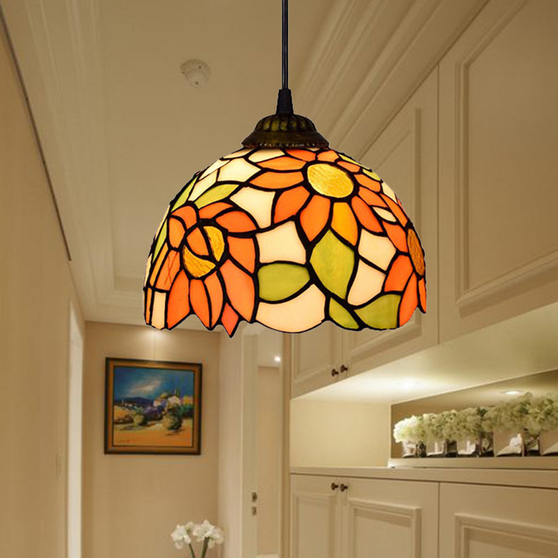 Baroque Orange Stained Art Glass Dome Hanging Light Fixture For Living Room