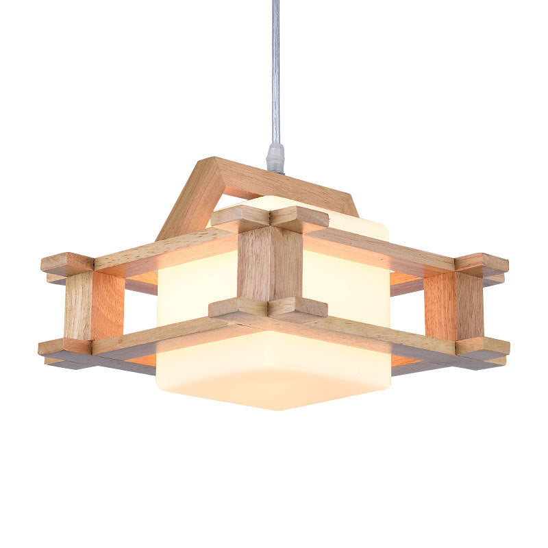 Modern Cube Suspension Pendant Light With Wood Guard Glass - Beige For Bedroom