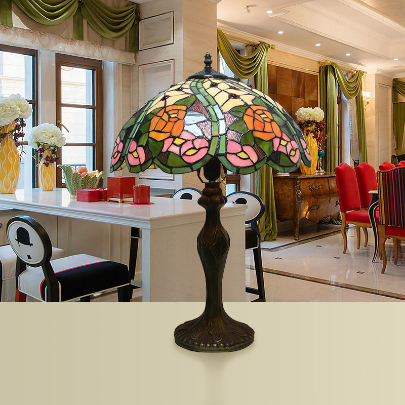 Colorful Stained Glass Dome Shade Accent Lamp With Retro Flower Pattern - Table 1/2 Lights