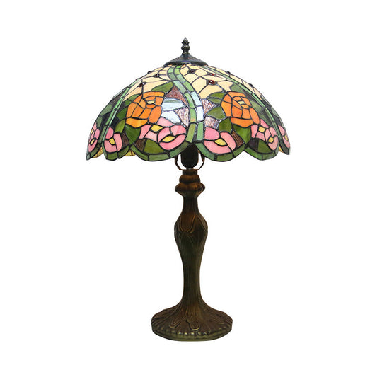 Colorful Stained Glass Dome Shade Accent Lamp With Retro Flower Pattern - Table 1/2 Lights