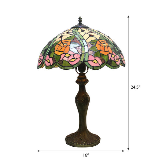 Colorful Stained Glass Dome Shade Accent Lamp With Retro Flower Pattern - Table 1/2 Lights