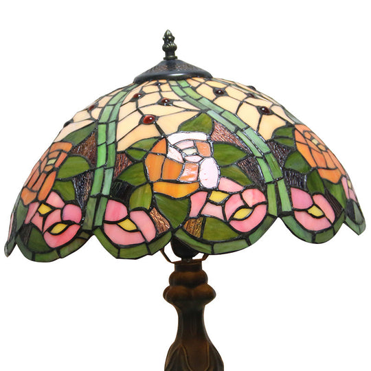 Colorful Stained Glass Dome Shade Accent Lamp With Retro Flower Pattern - Table 1/2 Lights