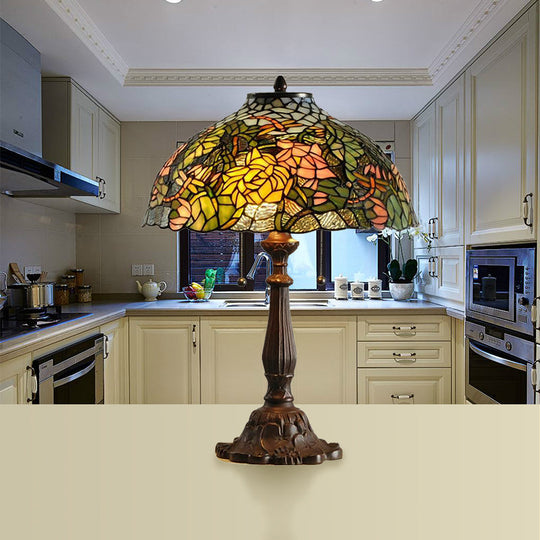 Colorful Stained Glass Dome Shade Accent Lamp With Retro Flower Pattern - Table 1/2 Lights Rust /