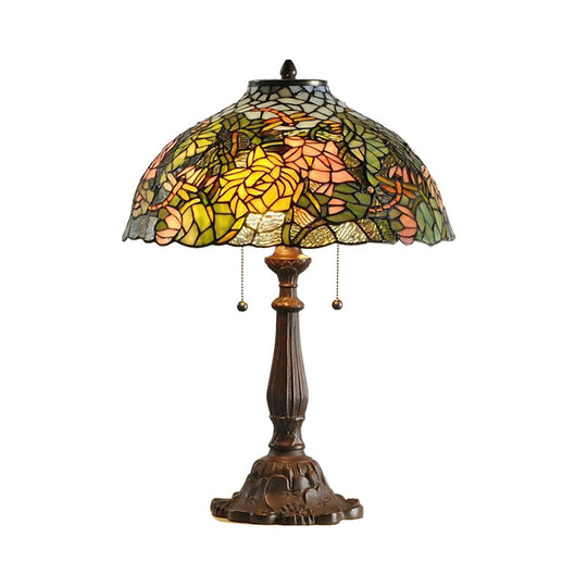 Colorful Stained Glass Dome Shade Accent Lamp With Retro Flower Pattern - Table 1/2 Lights