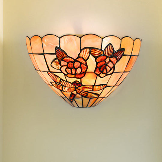 Tiffany Style Beige Wall Lamp With Handmade Shell Bowl Shade Elegant Rose And Dragonfly Pattern