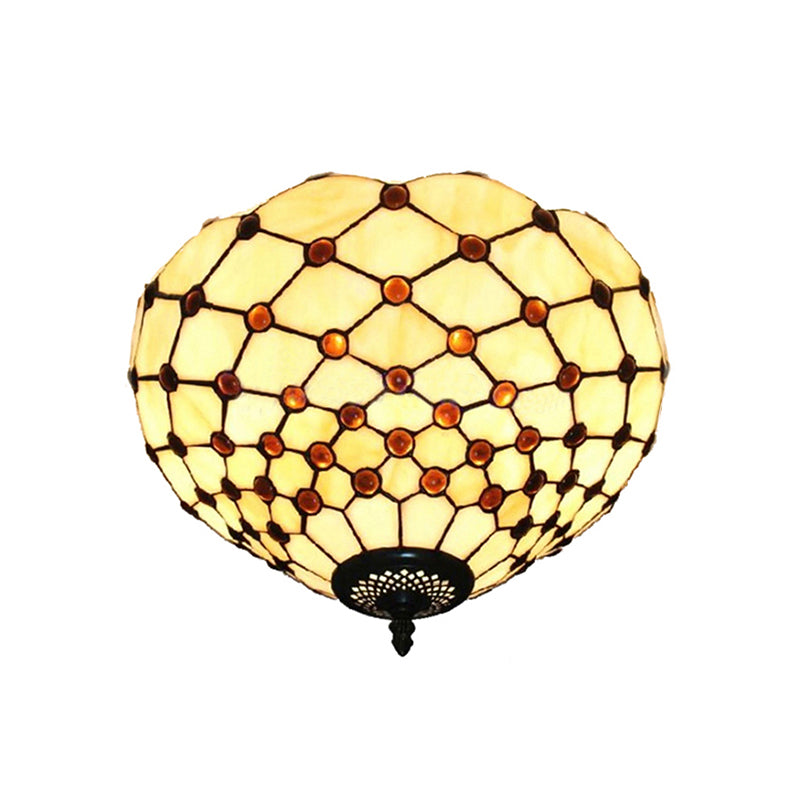 Tiffany Stained Glass Bowl-Shaped Flushmount Ceiling Light - Beige/Black, 1/2 Lights