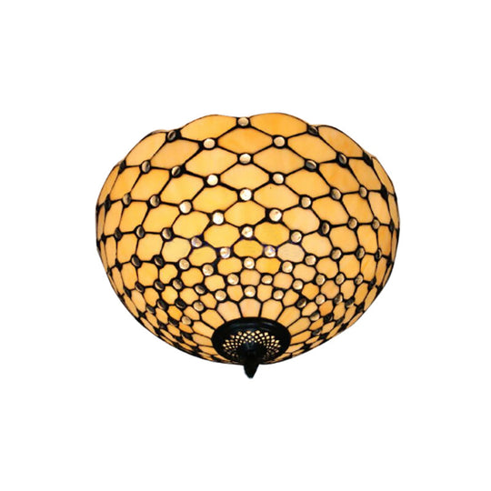 Tiffany Stained Glass Bowl-Shaped Flushmount Ceiling Light - Beige/Black, 1/2 Lights