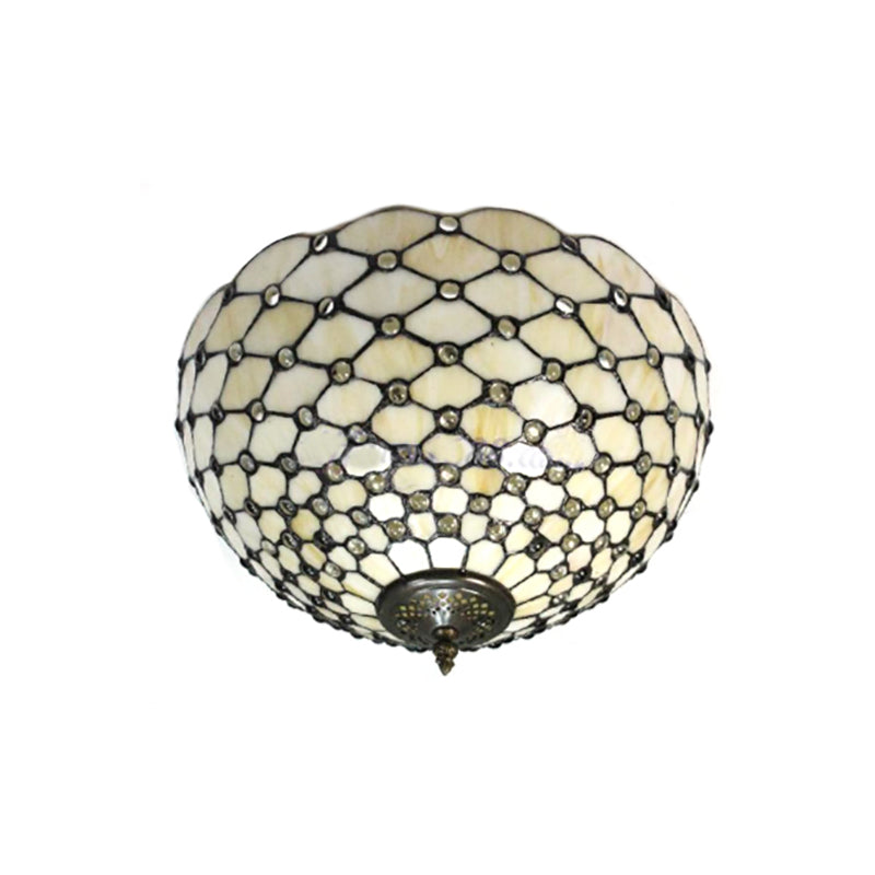 Tiffany Stained Glass Bowl-Shaped Flushmount Ceiling Light - Beige/Black, 1/2 Lights