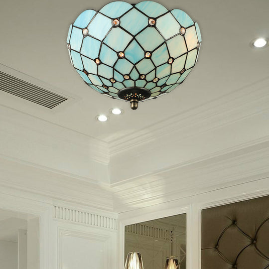 Tiffany Stained Glass Bowl-Shaped Flushmount Ceiling Light - Beige/Black, 1/2 Lights