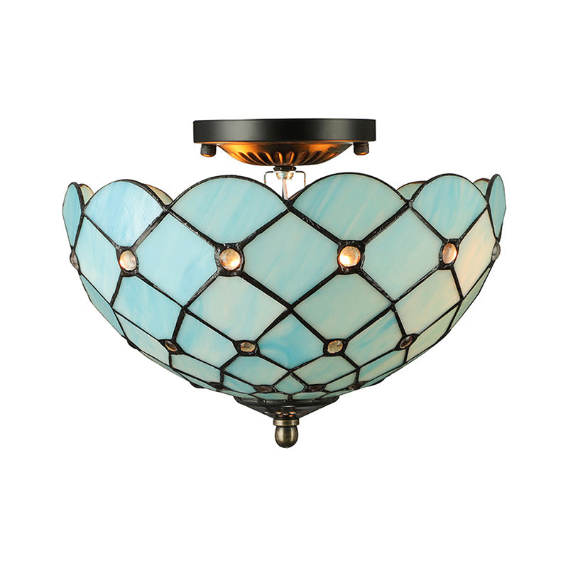 Tiffany Stained Glass Bowl-Shaped Flushmount Ceiling Light - Beige/Black, 1/2 Lights