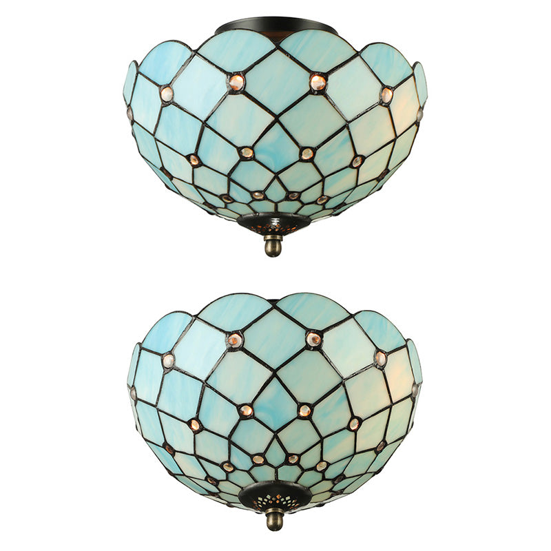 Tiffany Stained Glass Bowl-Shaped Flushmount Ceiling Light - Beige/Black, 1/2 Lights