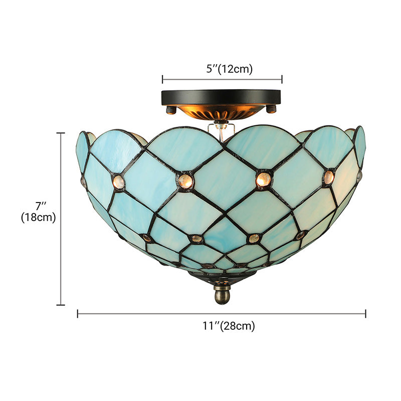 Tiffany Stained Glass Bowl-Shaped Flushmount Ceiling Light - Beige/Black, 1/2 Lights