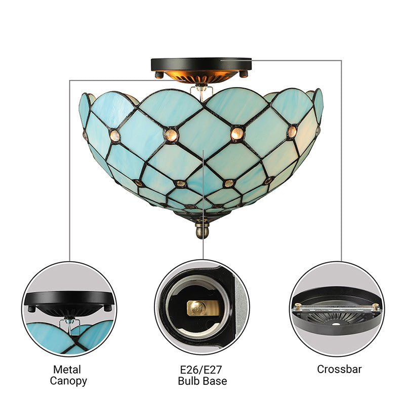 Tiffany Stained Glass Bowl-Shaped Flushmount Ceiling Light - Beige/Black, 1/2 Lights