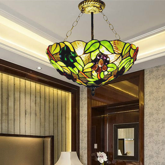 Retro Style Stained Glass Semi Flush Mount Ceiling Light Fixture - Green Bowl With 3 Lights