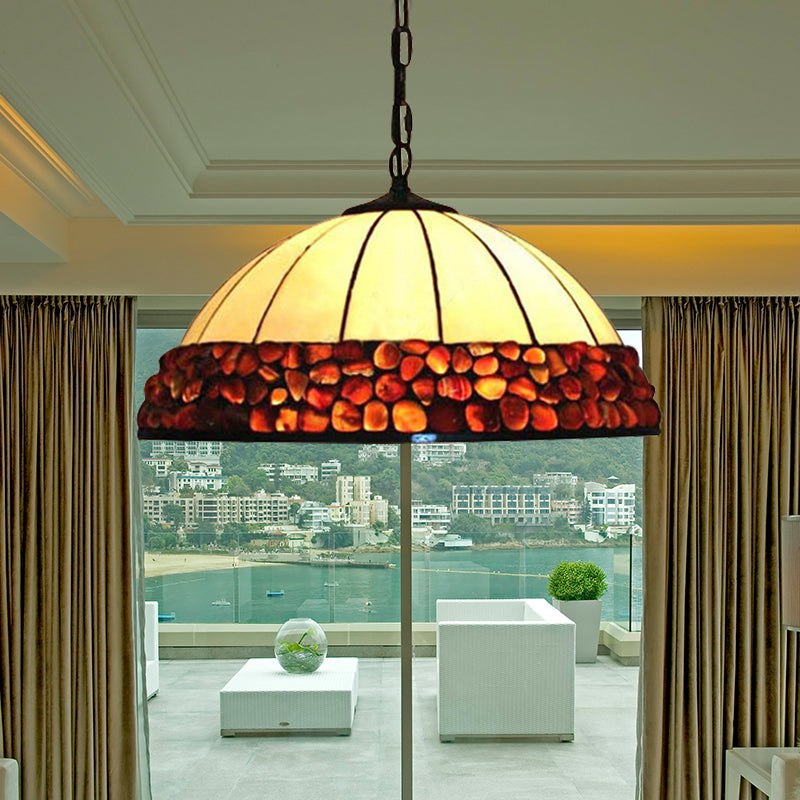 Tiffany Hand Rolled Art Glass Dome Hanging Lamp Kit - Dark Red Suspended Lighting With 3 Lights