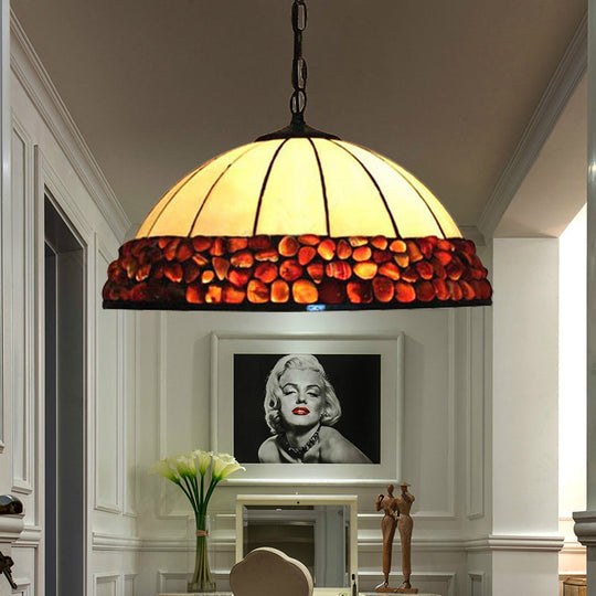 Tiffany Hand Rolled Art Glass Dome Hanging Lamp Kit - Dark Red Suspended Lighting With 3 Lights