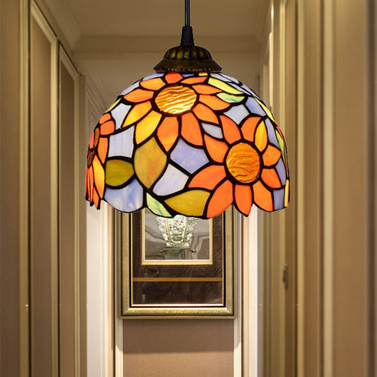 Tiffany-Style Domed Stained Glass Pendant Light - Orange-Blue Ceiling Hanging Lamp