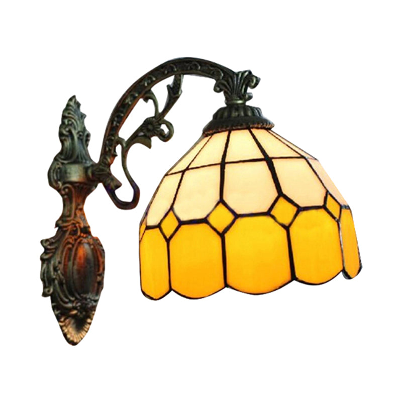 Tiffany Style Yellow Dome Wall Sconce With Curved Arm - 1 Light Mount Lamp