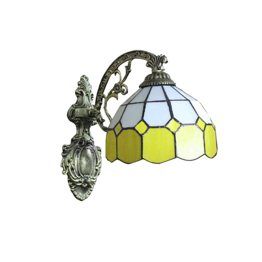 Tiffany Style Yellow Dome Wall Sconce With Curved Arm - 1 Light Mount Lamp