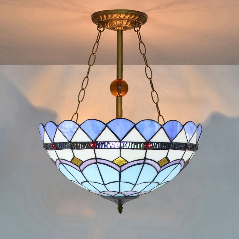 Mediterranean Semi Flush Mount Light In Blue With Stained Glass Bowl Shade