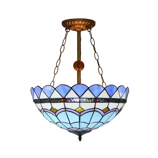 Mediterranean Semi Flush Mount Light In Blue With Stained Glass Bowl Shade