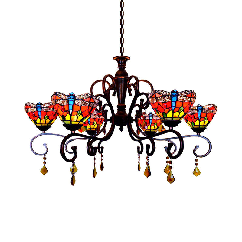 Tiffany Dragonfly Chandelier: 6-Light Stained Glass Pendant In Red