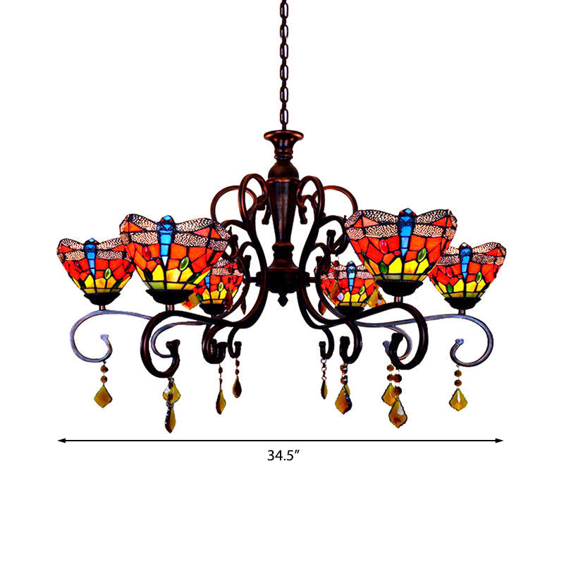 Tiffany Dragonfly Chandelier: 6-Light Stained Glass Pendant In Red