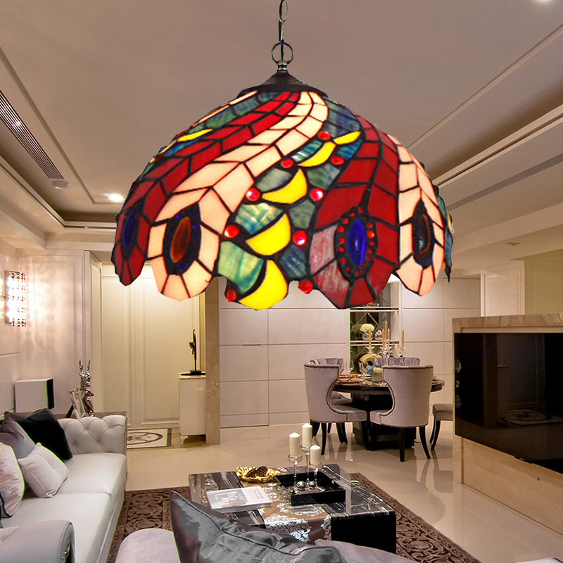 Peacock Tiffany-Style Red Stained Glass Ceiling Pendant Lamp