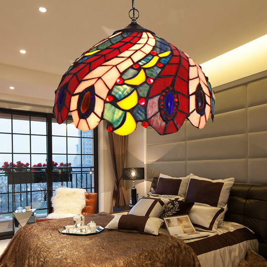 Peacock Tiffany-Style Red Stained Glass Ceiling Pendant Lamp