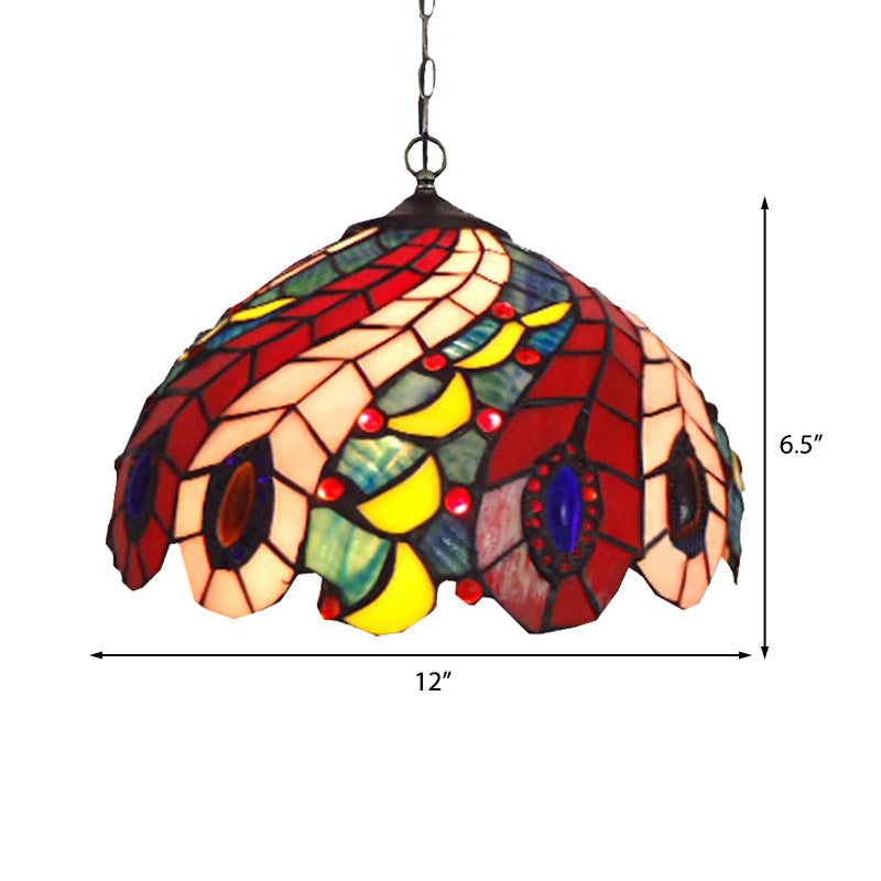 Peacock Tiffany-Style Red Stained Glass Ceiling Lamp