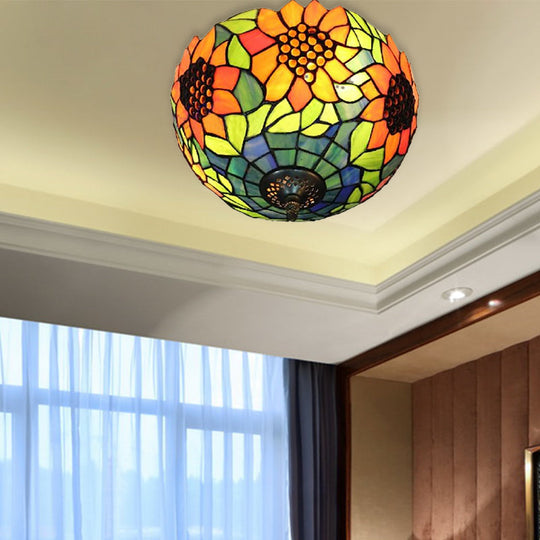 Orange Bowl Stained Glass Ceiling Light Fixture - Splendid Flushmount with Flower Pattern for Living Room