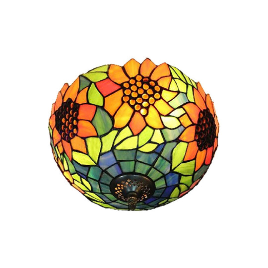 Orange Bowl Stained Glass Ceiling Light Fixture - Splendid Flushmount with Flower Pattern for Living Room