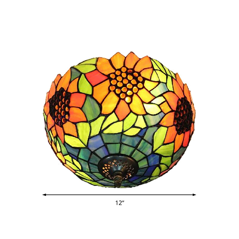 Orange Bowl Stained Glass Ceiling Light Fixture - Splendid Flushmount with Flower Pattern for Living Room