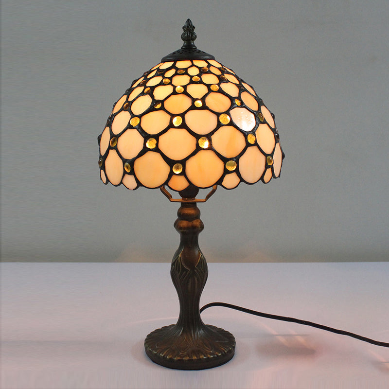 Vintage Stained Glass Accent Lamp With Domed Head - Beige Bedside Decor