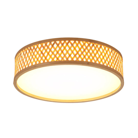 Stylish Asian Flushmount Light with Bamboo Drum Shade: LED Indoor Ceiling Lamp in Beige with Warm/White Light (10"/14" W)