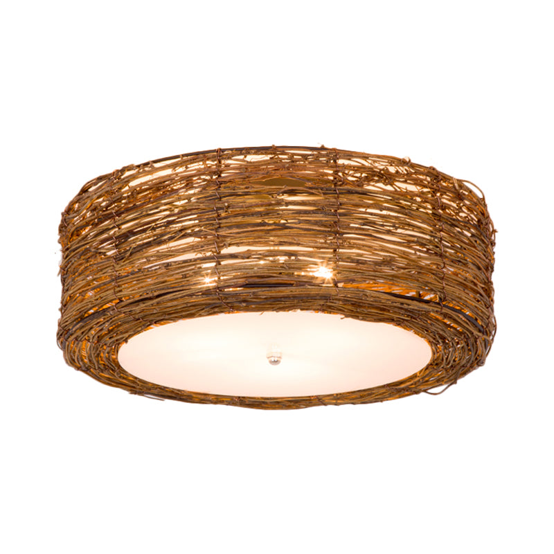 Modern Hand-Woven Flush Mount Rattan Lamp With 3 Lights - Brown 16/19.5 W