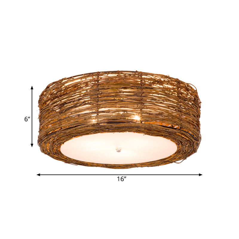 Modern 3-Light Rattan Flush Mount Ceiling Lamp - Hand-Woven Round Shade in Brown, 16"/19.5" Width