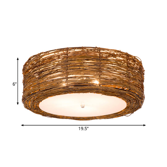 Modern 3-Light Rattan Flush Mount Ceiling Lamp - Hand-Woven Round Shade In Brown 16/19.5 Width Light