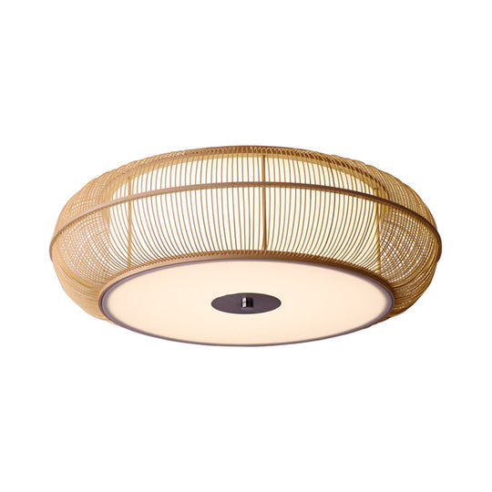 Asian Style Round Bamboo Shade Ceiling Light - 3/4 Lights - Black/Wood Fixture for Bedroom - 18"/22" Dia