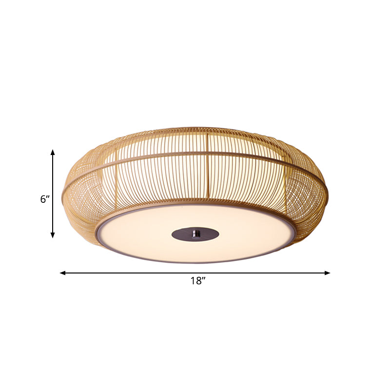 Asian Style Round Bamboo Shade Ceiling Light - 3/4 Lights - Black/Wood Fixture for Bedroom - 18"/22" Dia