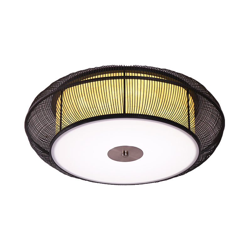 Asian Style Round Bamboo Shade Ceiling Light - 3/4 Lights - Black/Wood Fixture for Bedroom - 18"/22" Dia