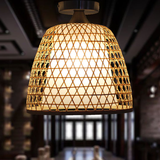 Lodge Style Bamboo Bucket Shade Semi Flush Light - Stylish Beige Ceiling Lighting for Corridor