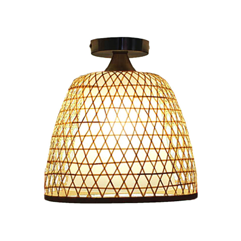 Lodge Style Bamboo Bucket Shade Semi Flush Light - Stylish Beige Ceiling Lighting for Corridor