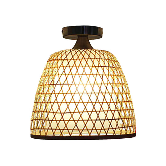 Lodge Style Bamboo Bucket Shade Semi Flush Light - Stylish Beige Ceiling Lighting for Corridor