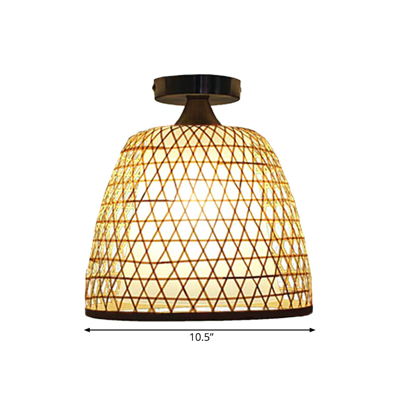 Lodge Style Bamboo Bucket Shade Semi Flush Light - Stylish Beige Ceiling Lighting for Corridor