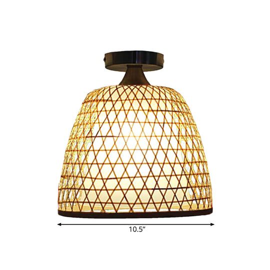 Lodge Style Bamboo Bucket Shade Semi Flush Light - Stylish Beige Ceiling Lighting For Corridor