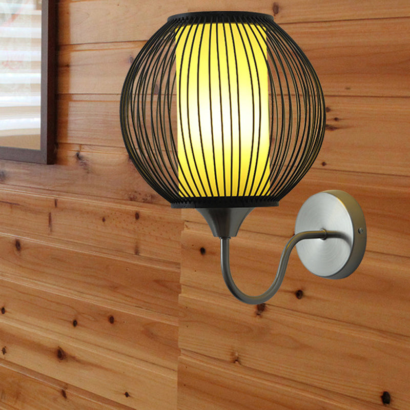 Black Asian Style Bamboo Wall Lamp With Gooseneck Arm - 1-Light Sconce Lighting For Bedside