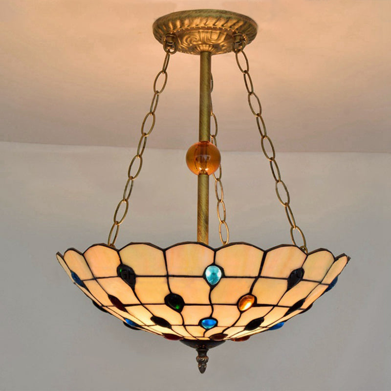 Stained Glass Semi Flush Ceiling Light Fixture with Retro Jewel Pattern - Beige/Clear/Yellow Tones