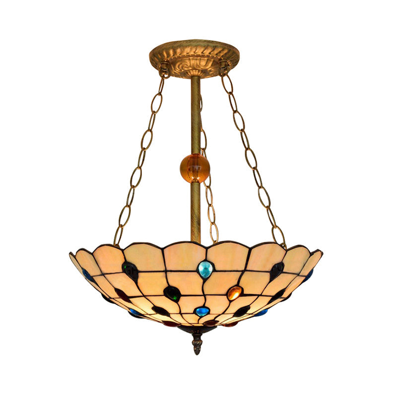 Stained Glass Semi Flush Ceiling Light Fixture with Retro Jewel Pattern - Beige/Clear/Yellow Tones